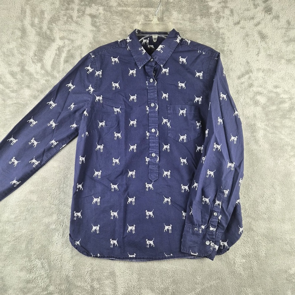 J Crew Popover Shirt Womens 2 Navy Blue Dalmatian Dog Print Cotton Classic